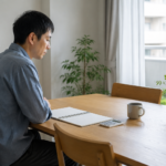 明るいダイニングでノートと電卓を前に資金計画を考える男性