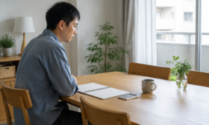 明るいダイニングでノートと電卓を前に資金計画を考える男性