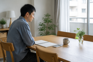 明るいダイニングでノートと電卓を前に資金計画を考える男性