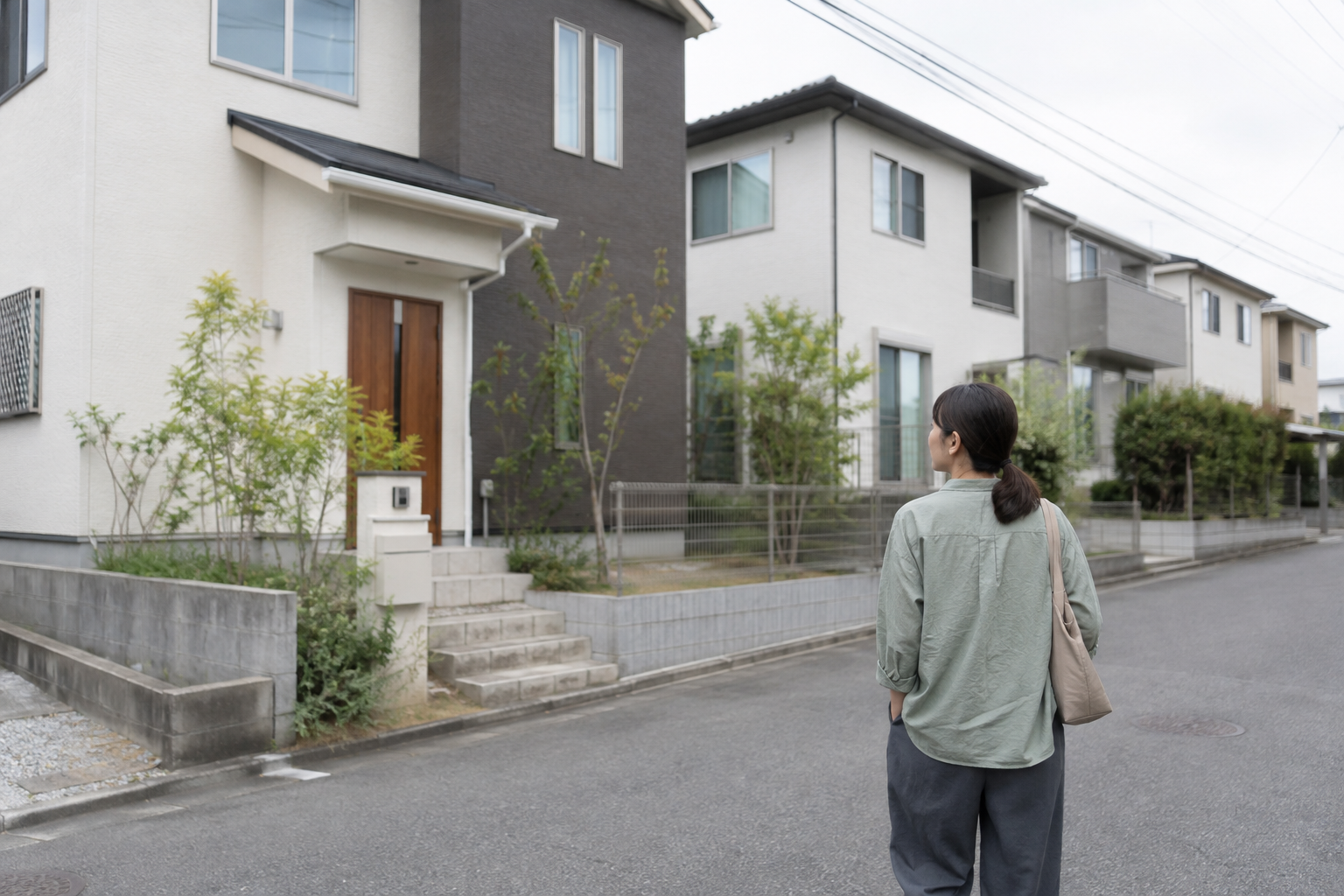 住宅街を歩きながら戸建ての外観を眺める女性の後ろ姿