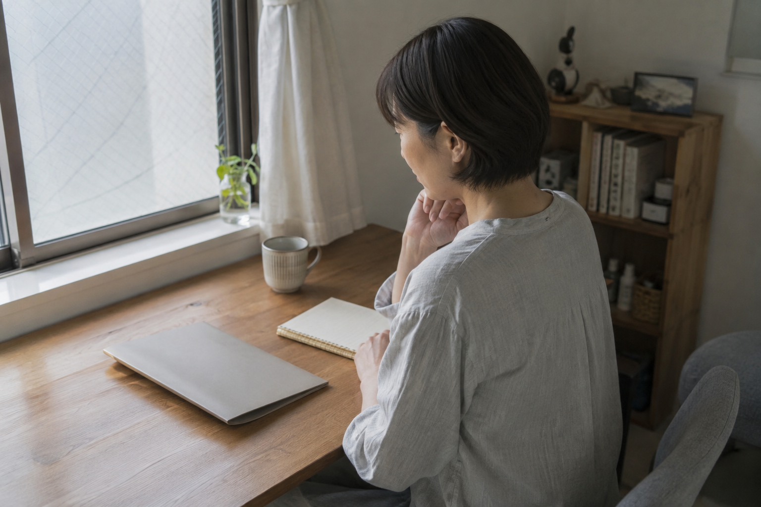 窓辺の机でノートと書類を前に予算を考える女性