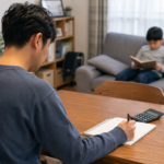 子どもが読書する居間で家計のノートを書く父親