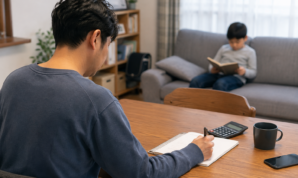 子どもが読書する居間で家計のノートを書く父親