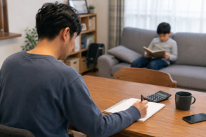 子どもが読書する居間で家計のノートを書く父親