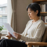 窓辺の椅子に座り資料を読む40代の女性