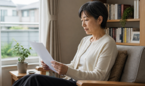 窓辺の椅子に座り資料を読む40代の女性
