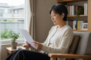窓辺の椅子に座り資料を読む40代の女性