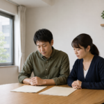 相談室のテーブルで二つの資料を見比べる男女