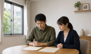 相談室のテーブルで二つの資料を見比べる男女