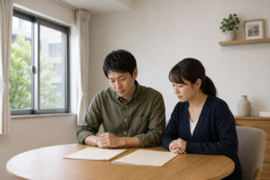 相談室のテーブルで二つの資料を見比べる男女
