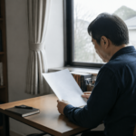 窓辺の書斎で返済に関する資料を確認する男性
