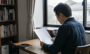 窓辺の書斎で返済に関する資料を確認する男性