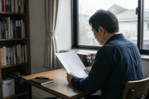 窓辺の書斎で返済に関する資料を確認する男性