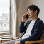 窓辺で住宅ローンについて電話相談する男性