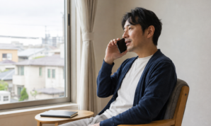 窓辺で住宅ローンについて電話相談する男性