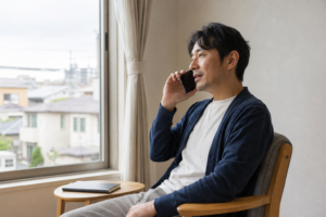 窓辺で住宅ローンについて電話相談する男性