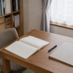 窓辺の木の机に置いたノートと筆記具
