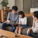 居間のソファで絵本を読みながら過ごす家族