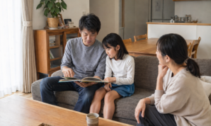 居間のソファで絵本を読みながら過ごす家族