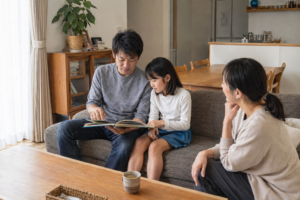 居間のソファで絵本を読みながら過ごす家族