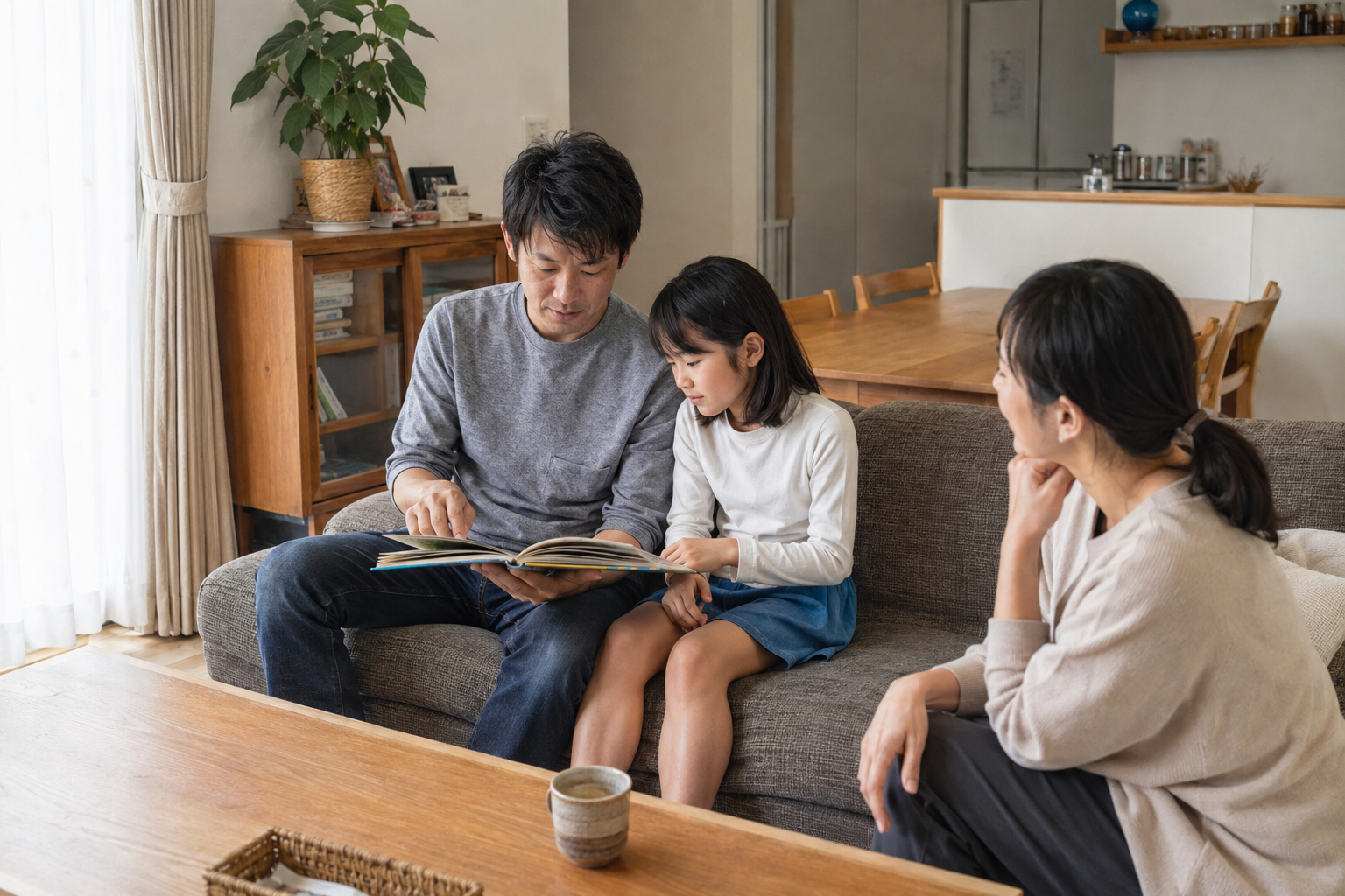 居間のソファで絵本を読みながら過ごす家族