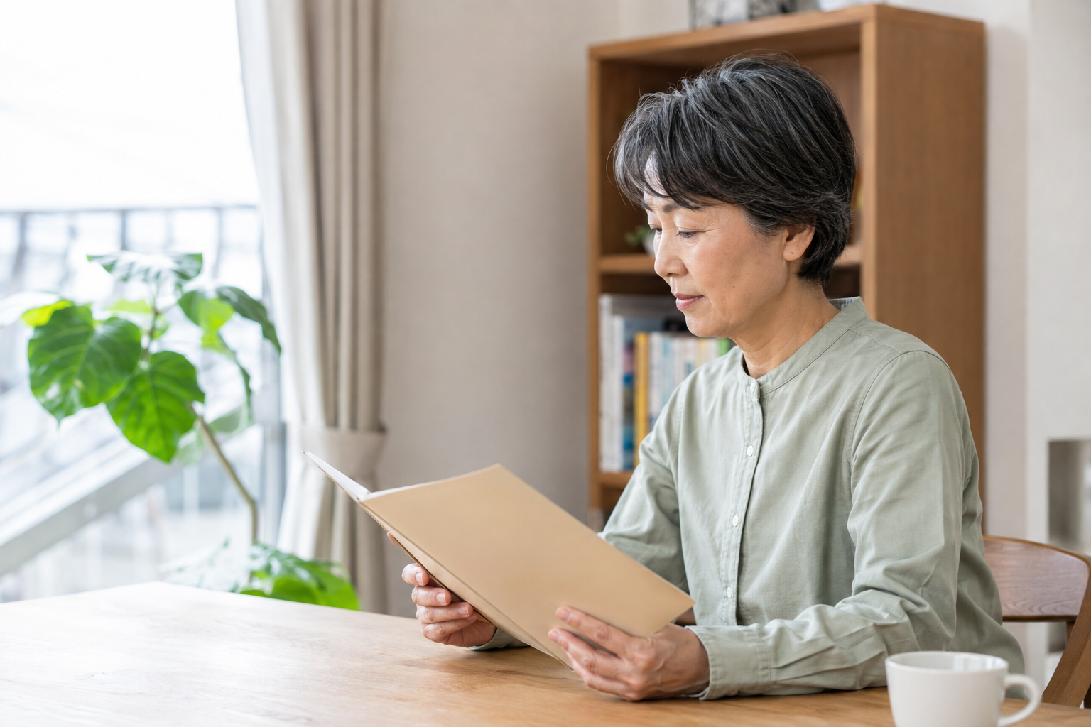 明るい自宅で住宅ローンの相談資料を読む女性