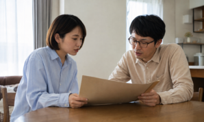 食卓で一つの資料を見ながら話し合う夫婦