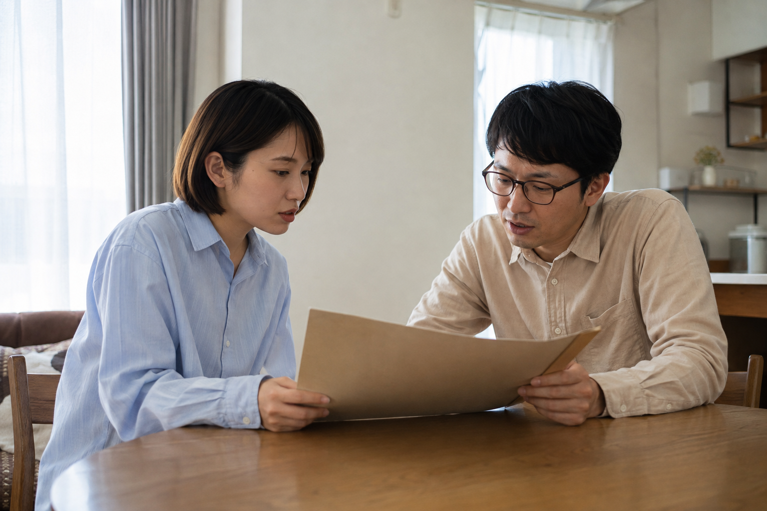 食卓で一つの資料を見ながら話し合う夫婦