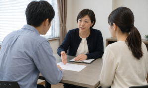 相談室のテーブルで相談員の説明を聞く二人