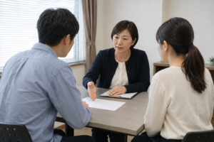 相談室のテーブルで相談員の説明を聞く二人