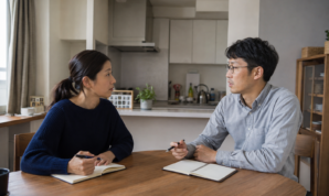 それぞれのノートを開いて住宅ローンの負担を話し合う夫婦
