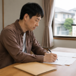 自宅の机で住宅購入の計画をメモに整理する男性
