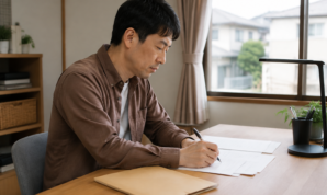 自宅の机で住宅購入の計画をメモに整理する男性