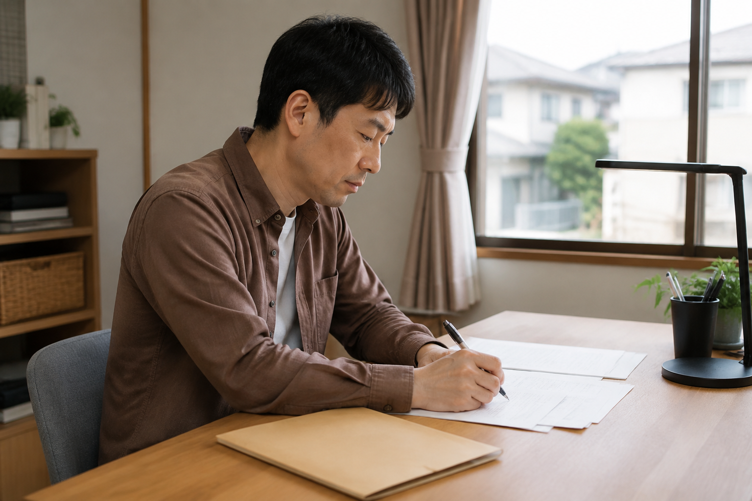 自宅の机で住宅購入の計画をメモに整理する男性
