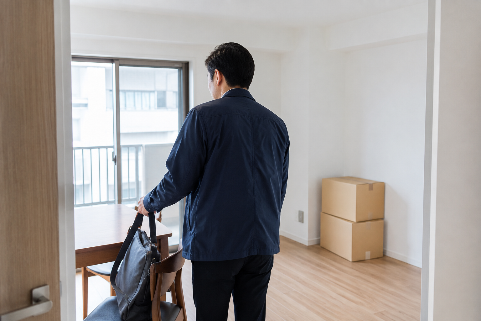 引っ越し後の部屋で仕事用のバッグを椅子に置く男性