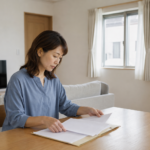 完成した住宅の食卓で書類を整理する女性