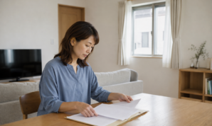 完成した住宅の食卓で書類を整理する女性
