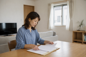 完成した住宅の食卓で書類を整理する女性