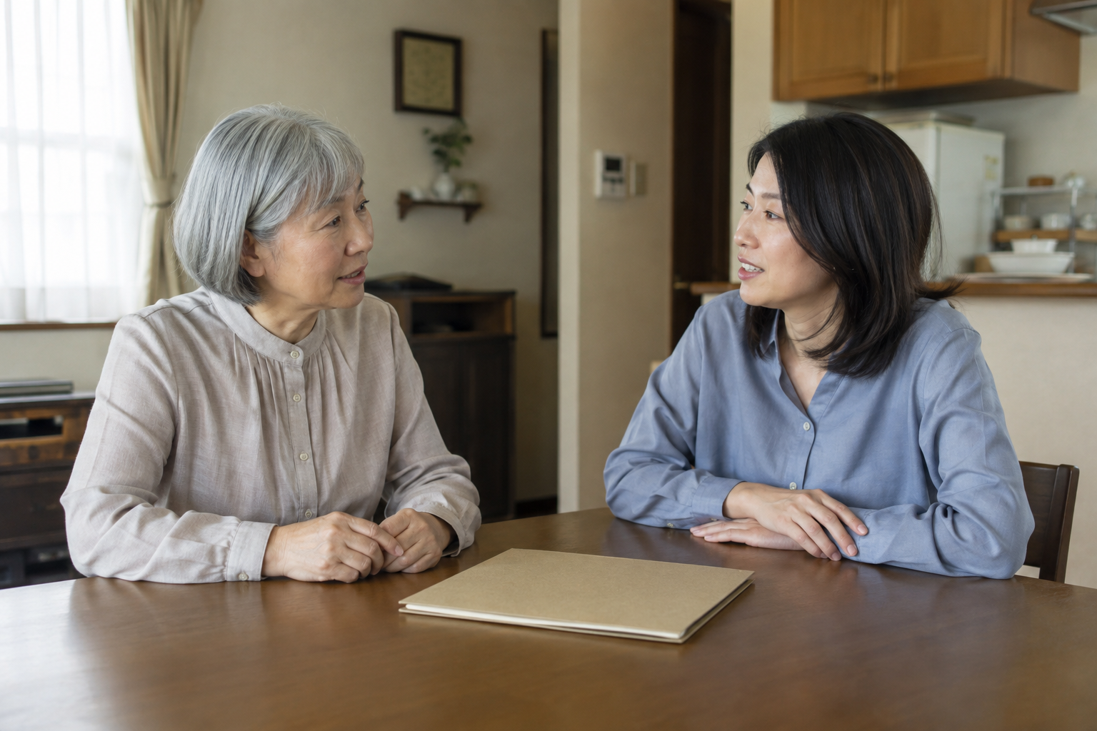 自宅の食卓で住宅資金について話し合う親子