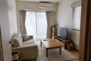ソファやテレビなどの家財がある一般的な住宅の居間