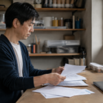 自宅の仕事場で申告や収支に関する書類を整理する男性