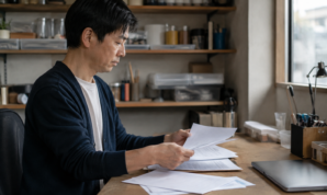 自宅の仕事場で申告や収支に関する書類を整理する男性