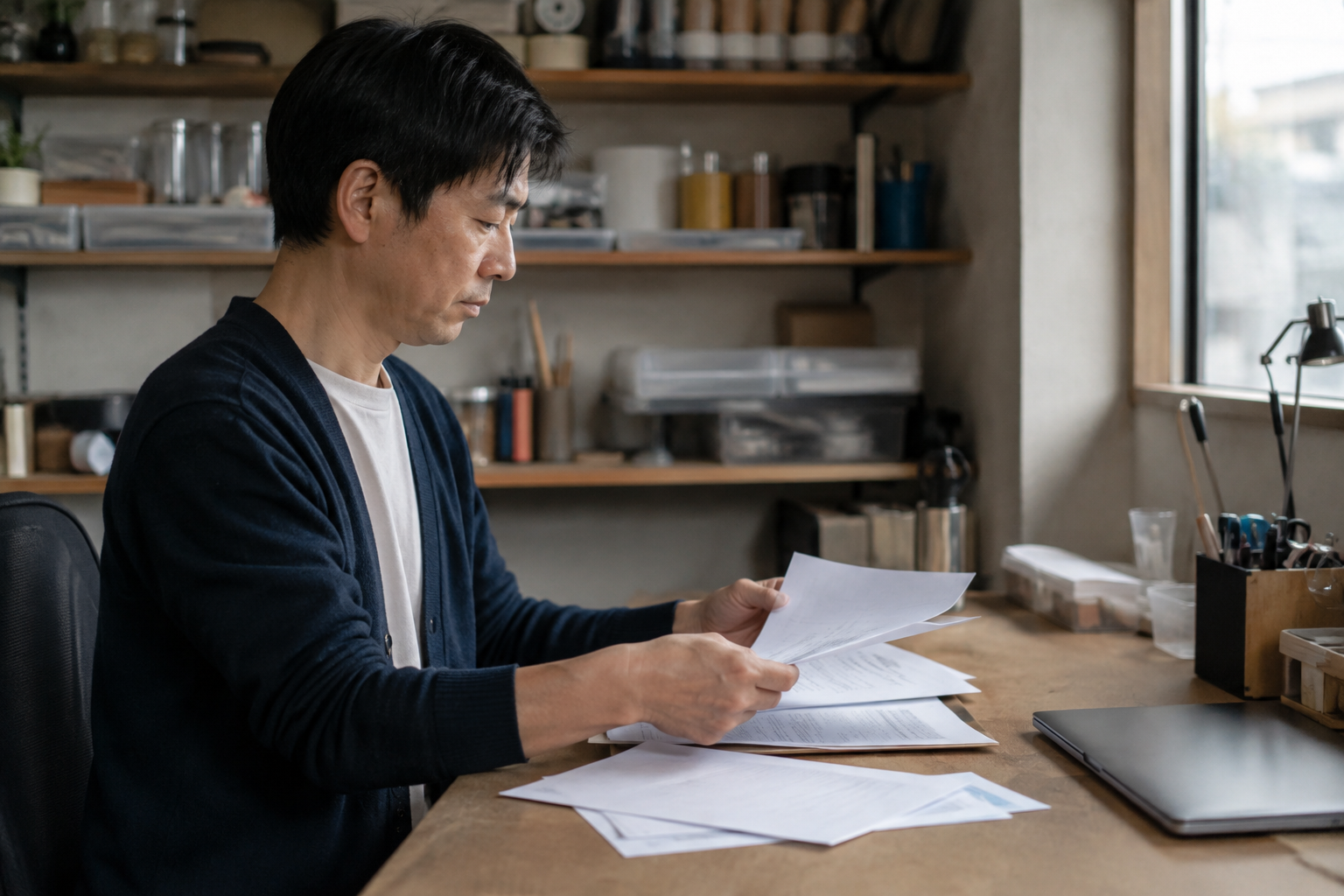 自宅の仕事場で申告や収支に関する書類を整理する男性