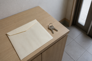 住宅の玄関収納に置いた無地の封筒と鍵