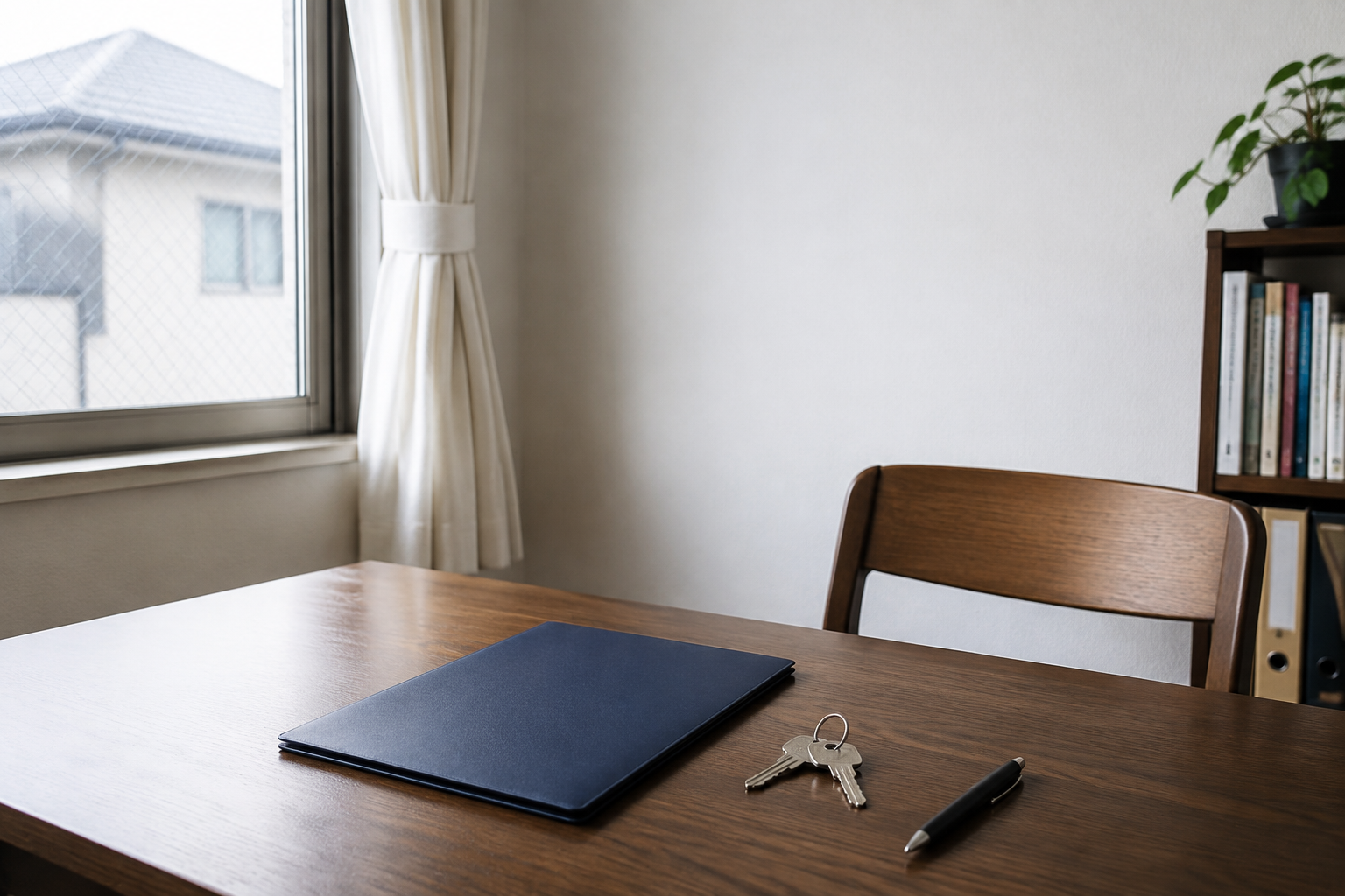 住宅の机に置いた書類ファイルと鍵
