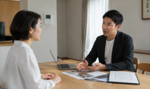 住宅会社の担当者と落ち着いて相談する様子のイメージ