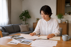 住まいの希望を資料とノートに整理する様子のイメージ