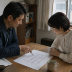 間取り図を見ながら変更について相談する様子のイメージ