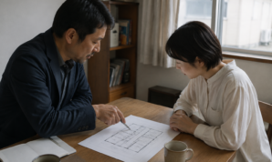 間取り図を見ながら変更について相談する様子のイメージ