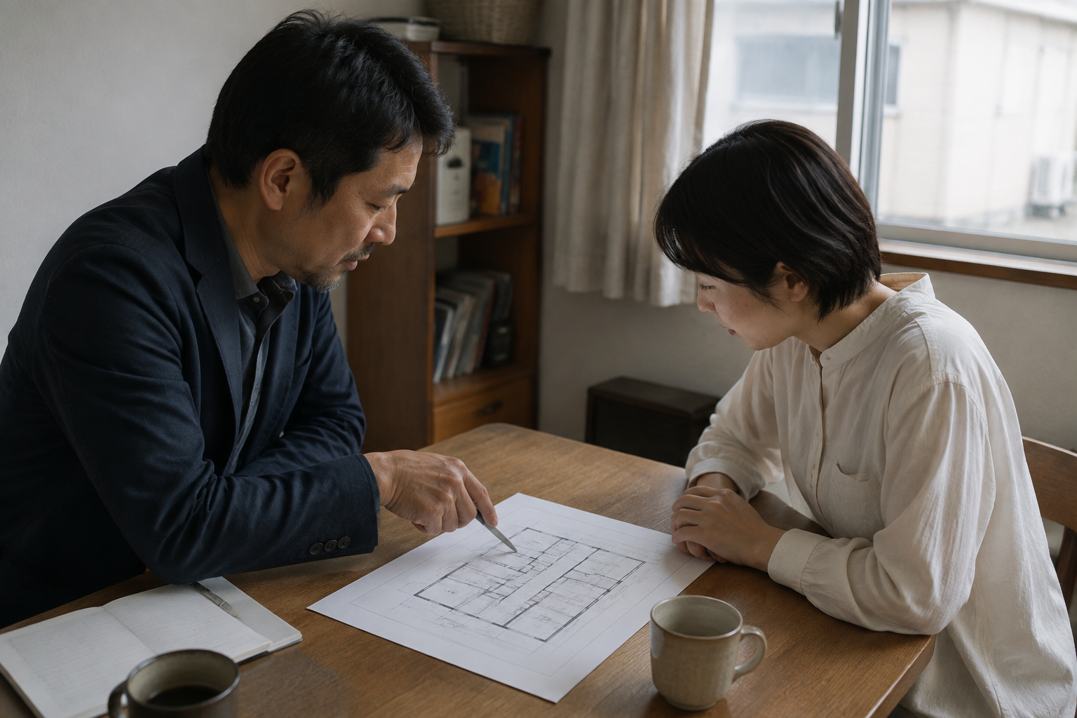 間取り図を見ながら変更について相談する様子のイメージ